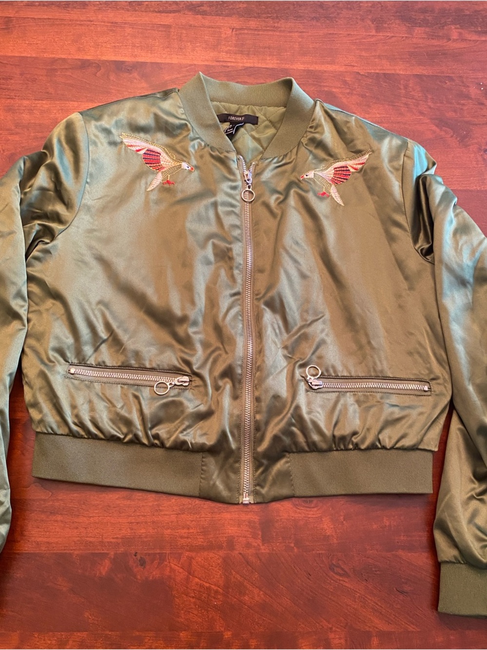 Olive Satin Bomber Jacket with Bird “Join Girl Gang” Embroidery - Sz Large